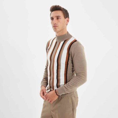 Male Slim Fit Half Turtleneck Striped Sweater