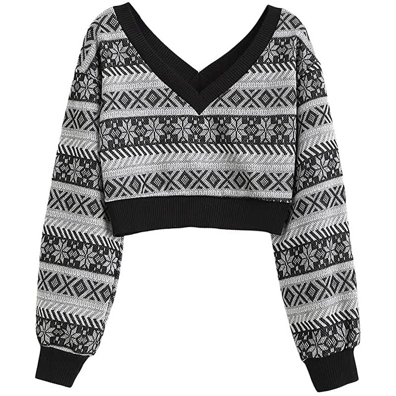 Women Double V Neck Striped Sweater Color Block Pullover Cropped Tops