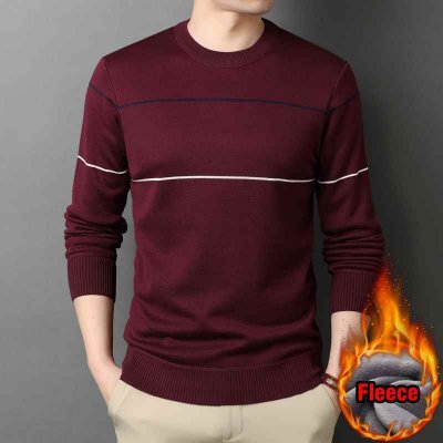 Winter Men's Warm Knit Pullover Sweater Fashion Casual Big Stripes Fleece Padded Crew Neck Sweater Male Brand Clothes