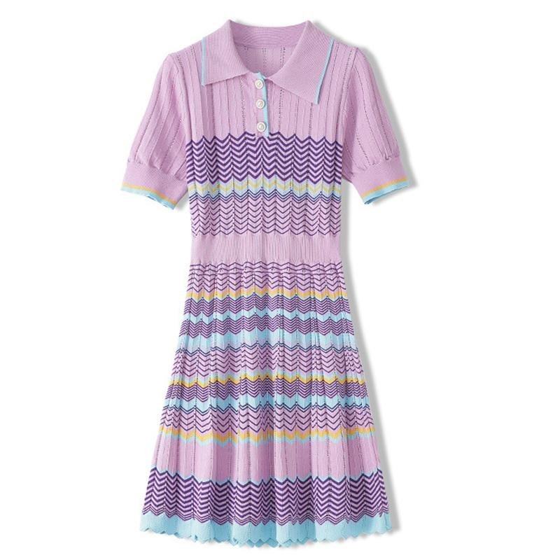 Summer Dress Women Hollow Out Waves Striped Knitted Elegant Dress 2020 Lapel Short Sleeve Sweater Dress Vestidos Robes