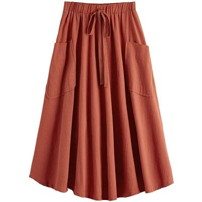 Women's Casual High Waist Pleated A-Line Midi Skirt with Pocket