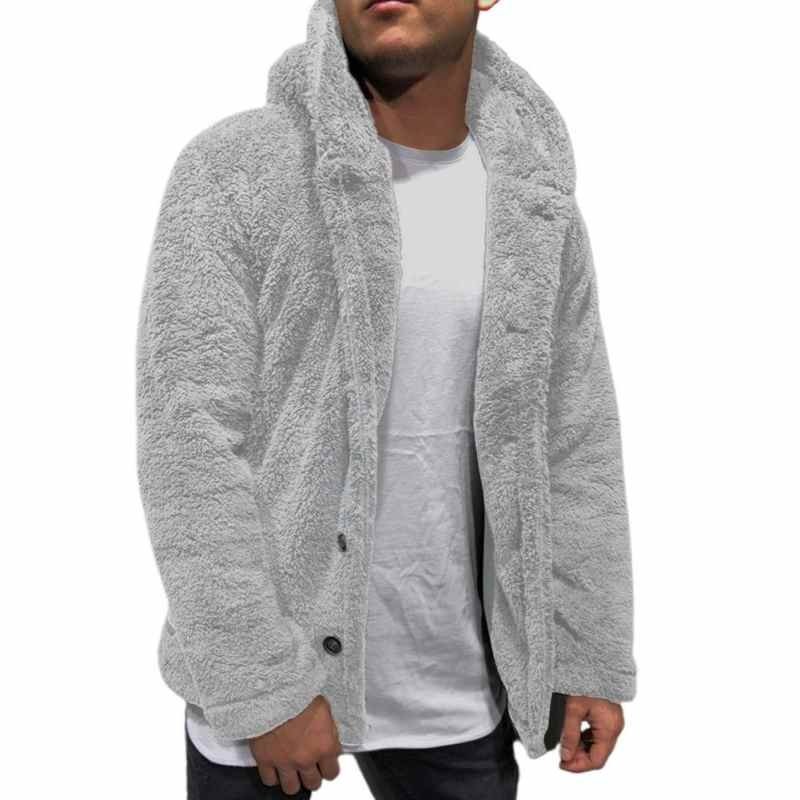 2021 Fluffy Fleece Long Sleeve Hooded Coat Plush Buttons Closure Cold Resistant Thicken Warm Men Coat Outerwear for Daily Wear