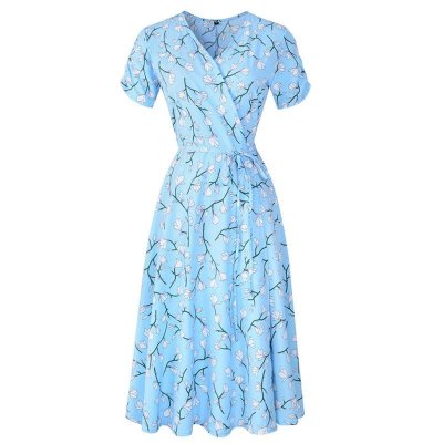 V Neck office dress Holiday Floral Print dress women summer 2019 Ladies Short Sleeve Party Dress vestidos robe femme#35